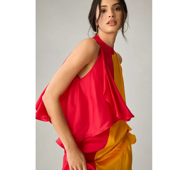 New Anthropologie Pinnacle Shruti Sancheti Mock-Neck Colorblock Ruffle Dress XS - Picture 5 of 8